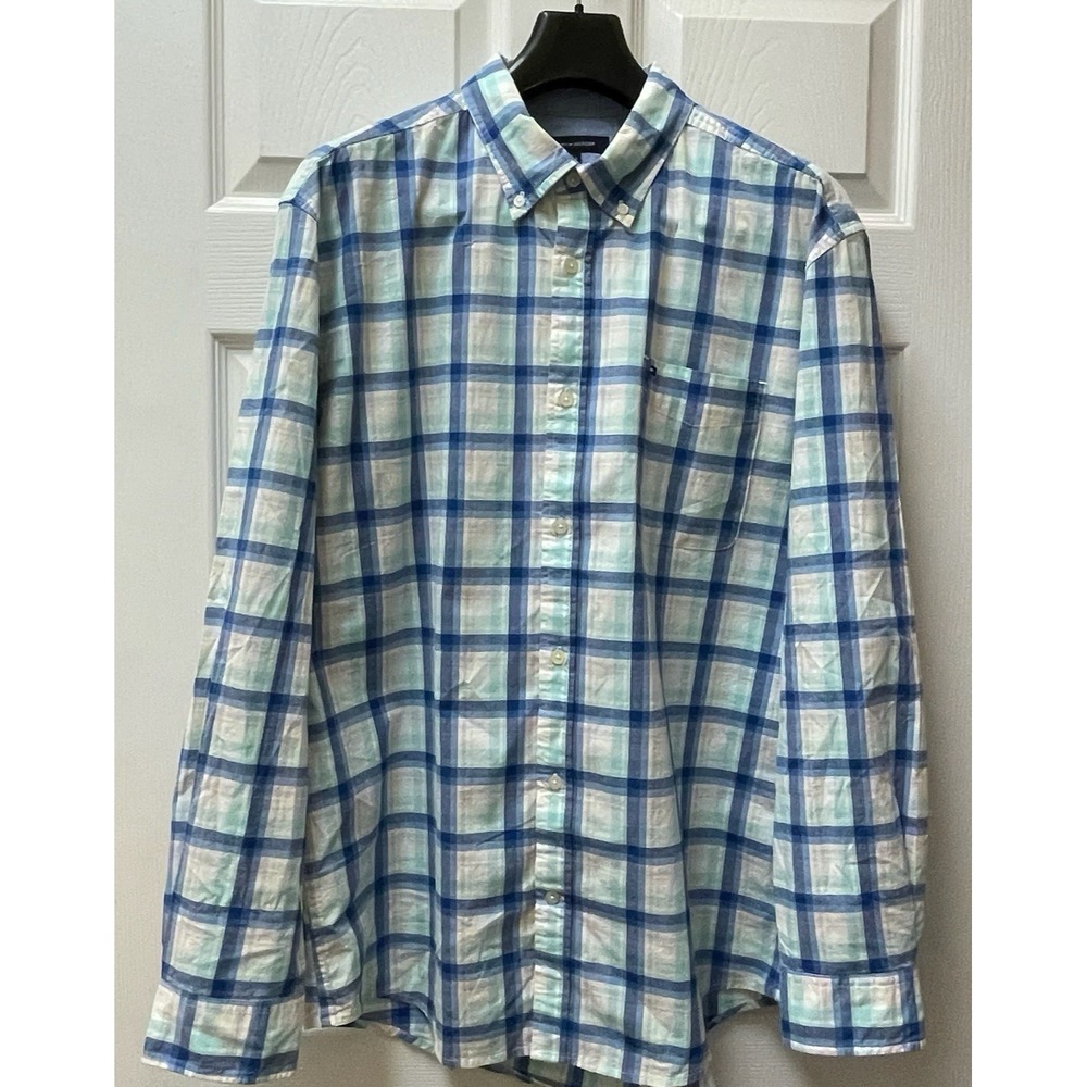 Tommy Hilfiger Men's XL Blue & Green Plaid Cotton Blend Long Sleeve Button Up